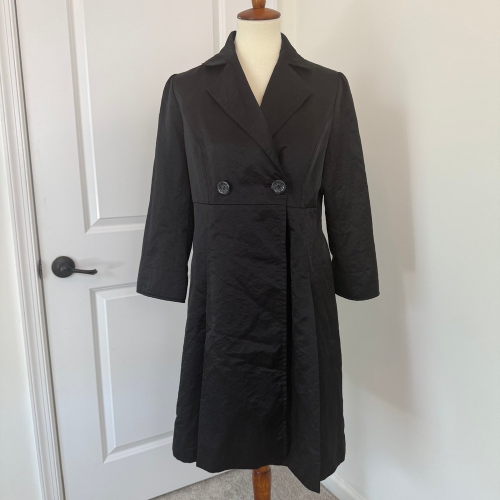 Lapis Black Double Breasted Trench‎ Coat Crinkle Texture 3/4 Sleeve Small